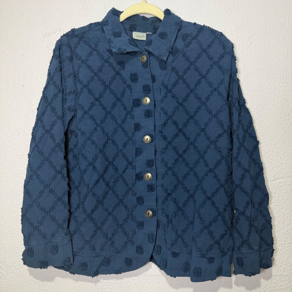 Y2K Focus USA Navy Blue Chenille Diamond Tufted Button Up Shirt Coquette M